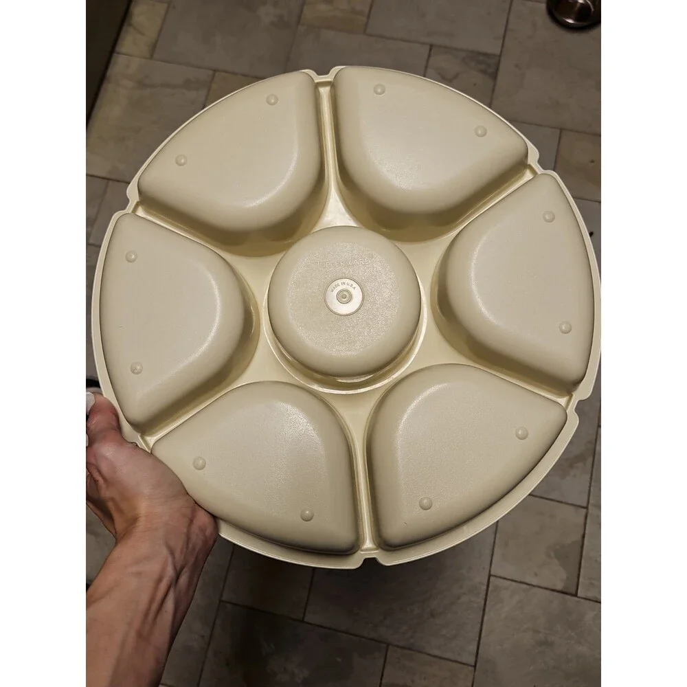 Tupperware Divided Serving Tray 1665-3 Almond With Lid & Dip Bowl 2 pc set
